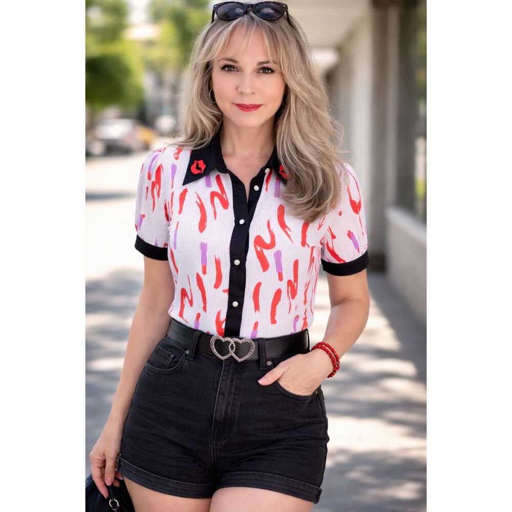 The Moon Lipstick Print Blouse | Red & White | Rockabilly Pinup Top | Medium